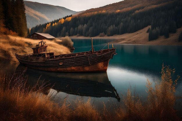 Photo gratuite vieux bateau de pêche rouillé sur la pente le long de la rive du lac