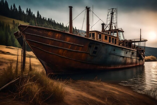 Photo gratuite vieux bateau de pêche rouillé sur la pente le long de la rive du lac