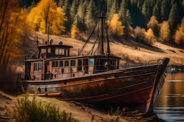 Photo gratuite vieux bateau de pêche rouillé sur la pente le long de la rive du lac