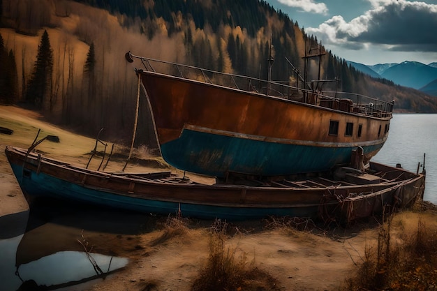 Photo gratuite vieux bateau de pêche rouillé sur la pente le long de la rive du lac