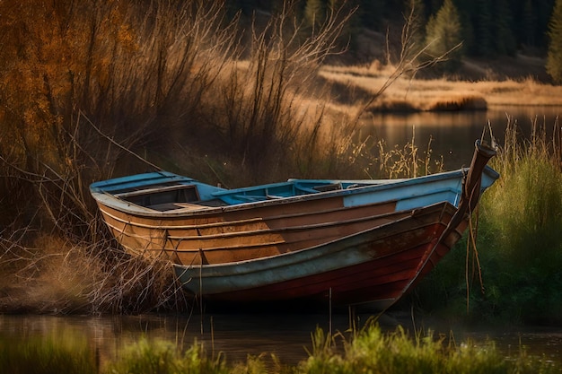 Photo photo gratuite vieux bateau de pêche rouillé sur la pente le long de la rive du lac