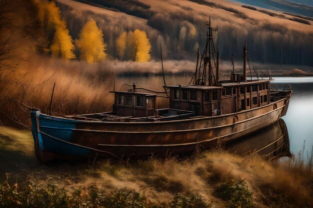 Photo gratuite vieux bateau de pêche rouillé sur la pente le long de la rive du lac