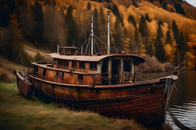 Photo gratuite vieux bateau de pêche rouillé sur la pente le long de la rive du lac