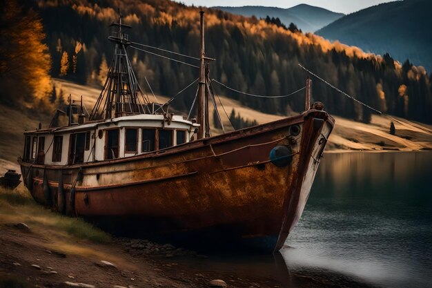 Photo gratuite vieux bateau de pêche rouillé sur la pente le long de la rive du lac