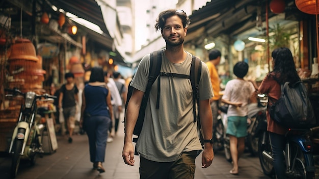 Photo gratuite voyageur homme asiatique voyageant et marchant