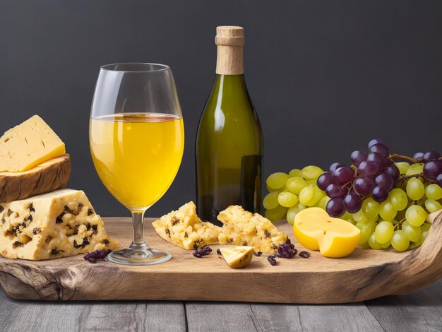 Photo gratuite vue de devant verres de vin raisins frais noix fromage jaune sur planche de bois bouteille renversée sur fond sombre