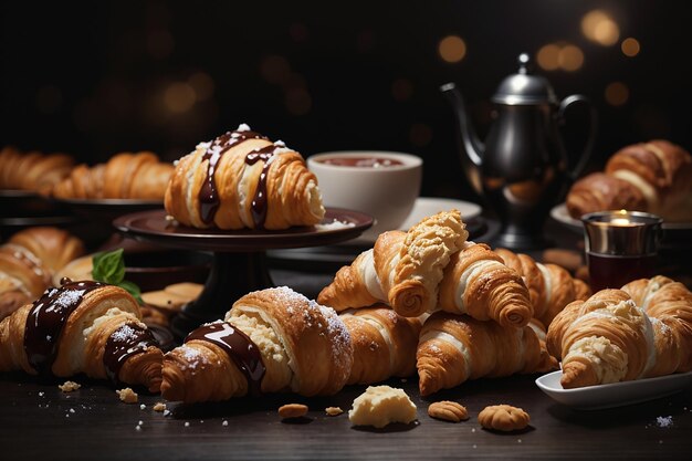 Photo gratuite vue de haut pâtisseries et croissants délicieux délicieux sur le sol sombre