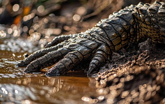 Une photo d'une griffe de crocodile sur une rive.