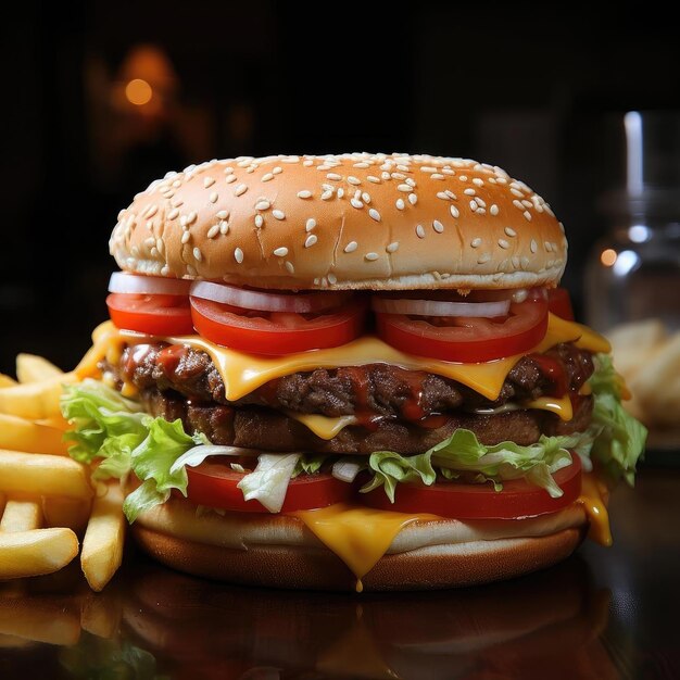 Photo d'un gros burger avec frites