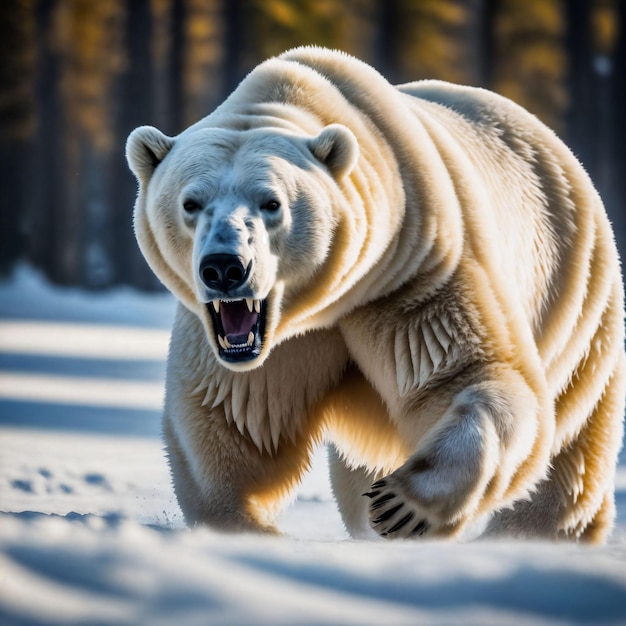 photo d'un gros ours polaire en colère courant dans la neige générative AI