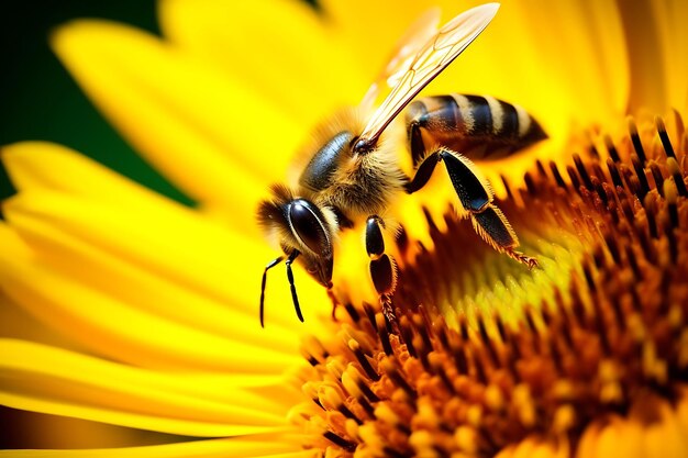 Photo en gros plan d'une abeille recueillant le pollen d'une su