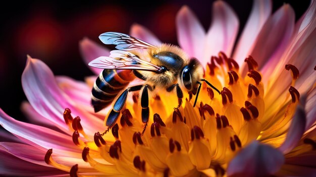 La photo en gros plan d'une abeille recueille du miel sur une fleur
