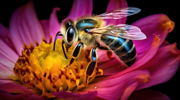 La photo en gros plan d'une abeille recueille du miel sur une fleur