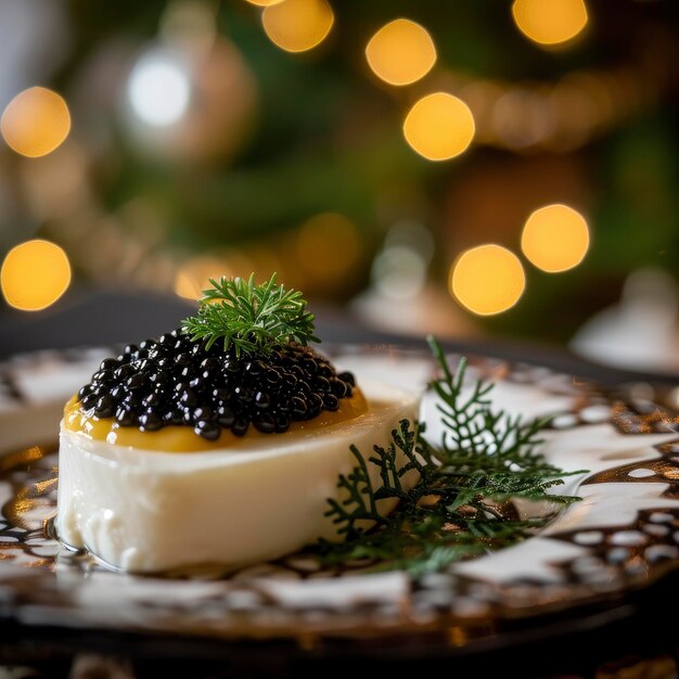 Photo en gros plan d'un apéritif gastronomique avec du caviar noir sur une table décorée festive