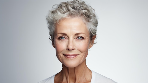 photo en gros plan d'une belle femme âgée heureuse souriante sur fond gris générée par l'IA