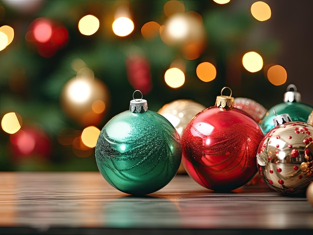 Photo en gros plan de boules de noël roses et vertes brillantes avec des lumières d'arbre de noël de carnaval floues