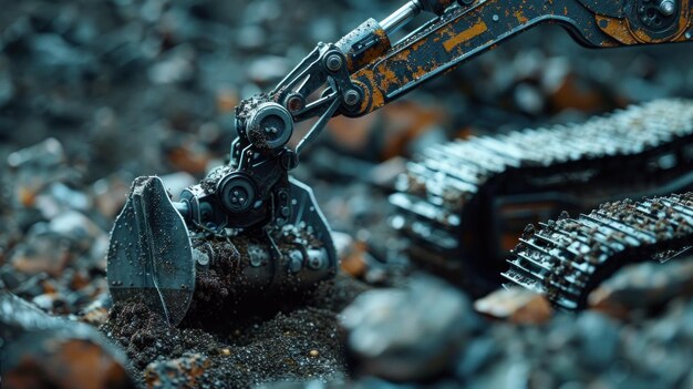 Cette photo en gros plan capture les détails intricats d'un seau de machines d'excavation alors qu'il creuse dans