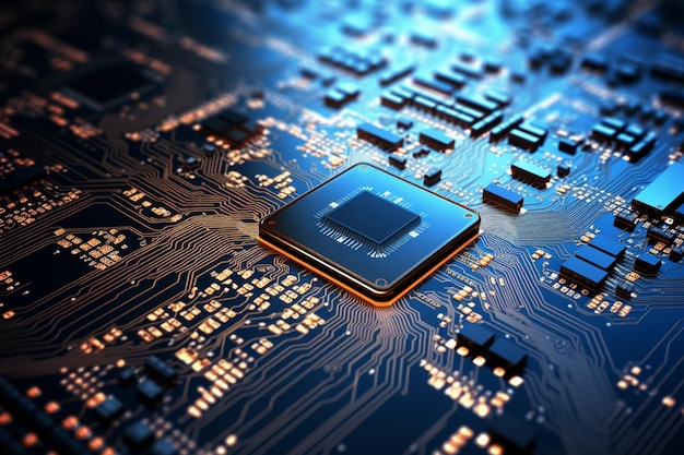 photo en gros plan d'une carte de circuit électronique avec des composants électroniques à micropuce CPU à l'arrière-plan