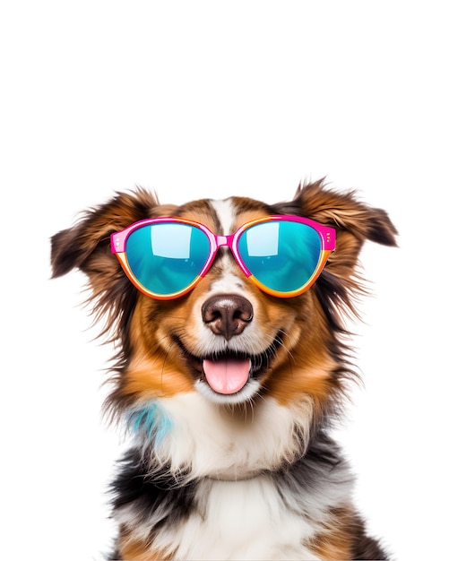 photo en gros plan d'un chien heureux portant des lunettes cool isolées sur un fond transparent