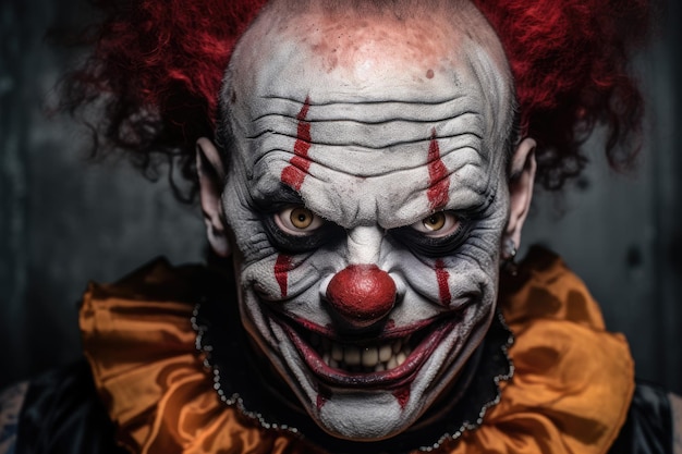 Photo gros plan d'un clown maléfique sur fond sombre