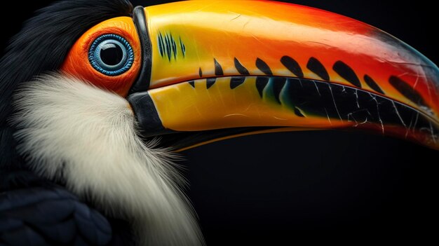 Une photo d'un gros plan coloré du bec d'un toucan