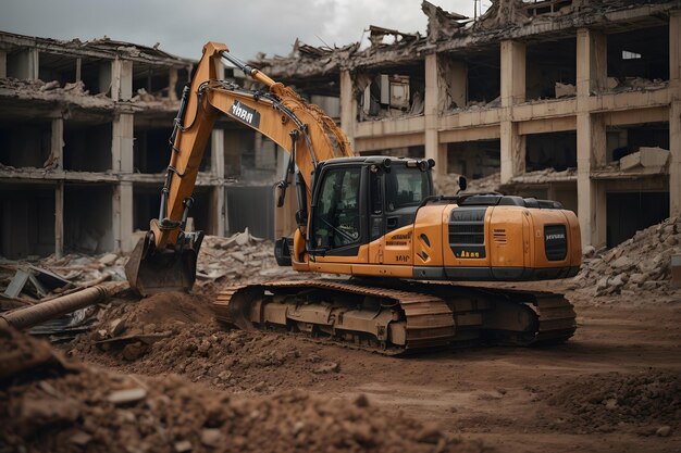 photo gros plan d'une construction en cours avec des chenilles et un bulldozer sur les ruines d'un bâtiment