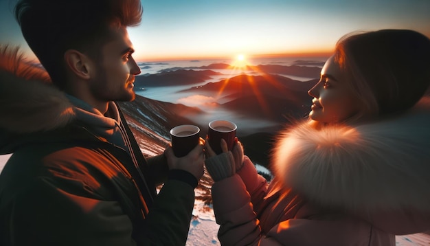 Photo une photo en gros plan d'un couple dont les yeux reflètent les couleurs hypnotisantes du lever du soleil.