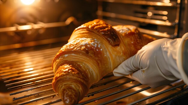 Une photo en gros plan d'un croissant fraîchement cuit au four