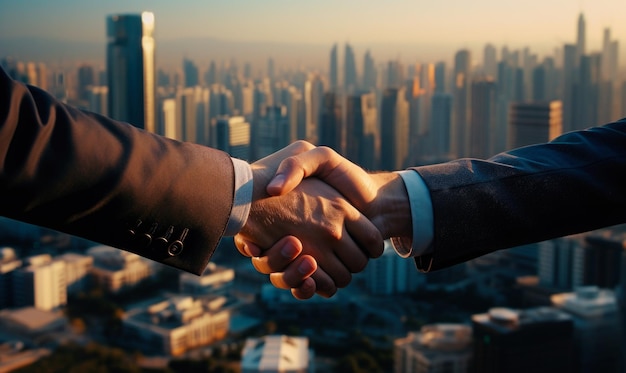 Photo en gros plan de deux hommes d'affaires se serrant la main avec une grande ville en arrière-plan