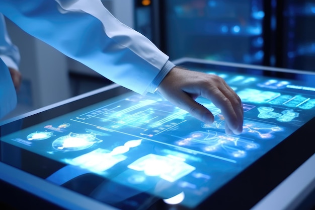 Une photo en gros plan d'un docteur en médecine dans un cadre clinique concentré sur une tablette dans ses mains AI générative