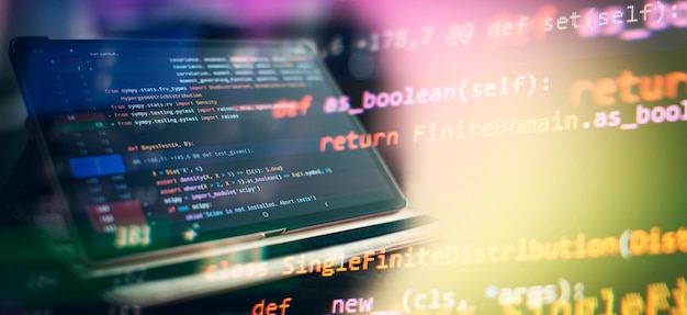 Photo en gros plan du bloc-notes Utilisation de CSS JavaScript et HTML Moniteur en gros plan du code source de la fonction Résumé Contexte technologique informatique