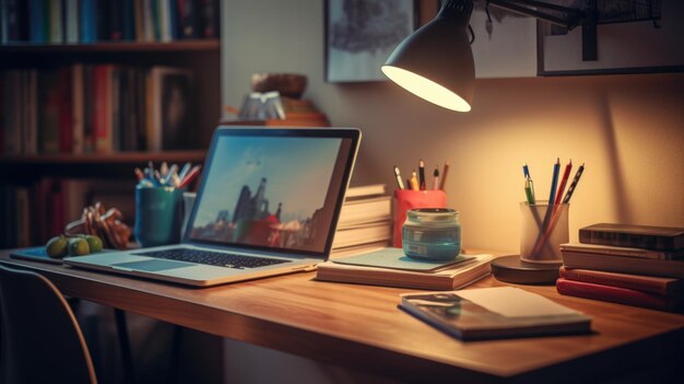 Photo en gros plan du bureau de l'étudiant à la maison avec des livres informatiques et des accessoires d'écriture