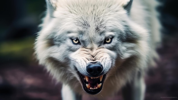 photo en gros plan du loup blanc en colère à l'arrière-plan
