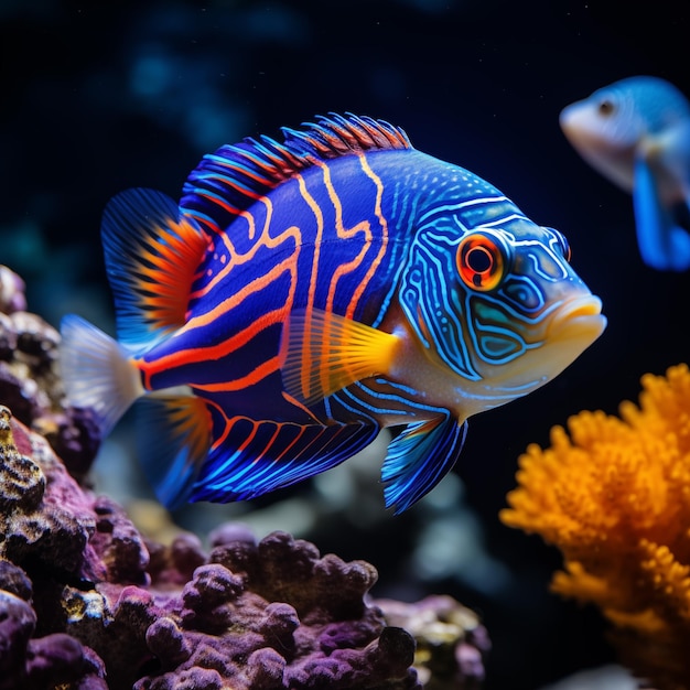 photo en gros plan du poisson mandarin et du Tang bleu dans un aquarium