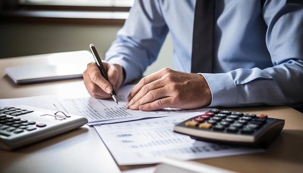 photo en gros plan d'un économiste à l'aide d'une calculatrice tout en parcourant les factures et les taxes au bureau