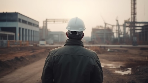 La photo en gros plan de l'épaule d'un ingénieur se tient devant la construction du méga projet