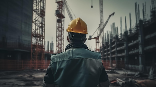 La photo en gros plan de l'épaule d'un ingénieur se tient devant la construction du méga projet