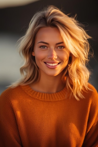 Une photo en gros plan d'une femme blonde dans un pull orange souriante