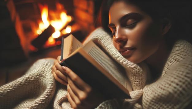 Photo en gros plan d'une femme confortablement nichée dans une couverture se perdant dans les pages d'un livre intéressant