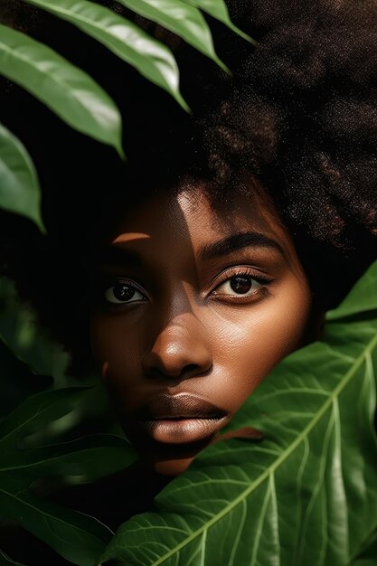 Une photo en gros plan d'une femme noire avec des cheveux afro et des feuilles