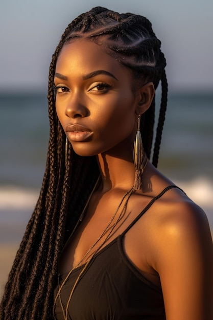 Une photo en gros plan d'une femme noire avec les cheveux en tresses et un collier en or