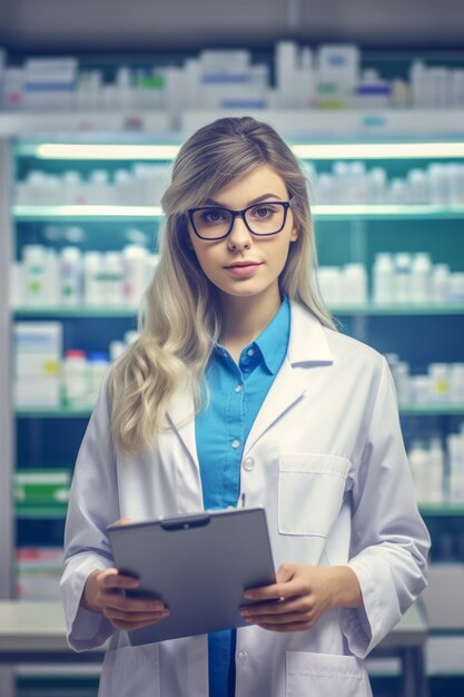 Une photo en gros plan d'une femme pharmacienne tenant un presse-papiers