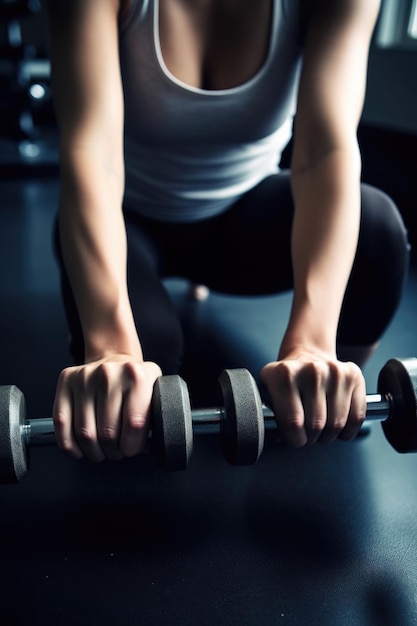 Une photo en gros plan d'une femme s'entraînant avec des haltères dans un gymnase créé avec l'IA générative