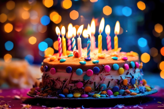 Photo en gros plan d'une fête d'anniversaire avec un gâteau joliment décoré de bougies colorées Generative AI