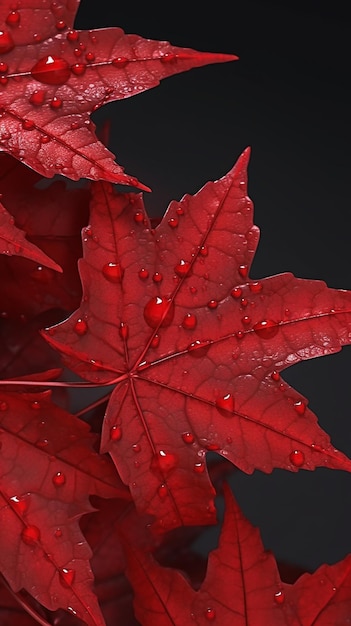 Photo Gros plan d'une feuille d'érable rouge avec des gouttes d'eau dessus Papier peint de fond de la fête du Canada