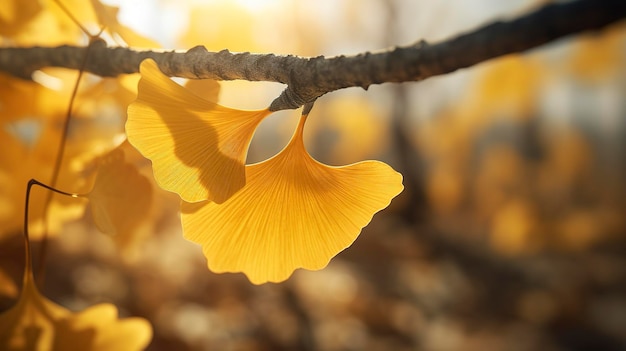 Une photo d'un gros plan d'une feuille de ginkgo biloba à l'automne