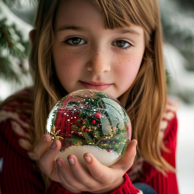 photo en gros plan d'une fille tenant un globe de Noël