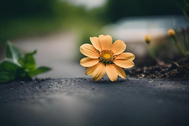 photo gros plan d'une fleur qui pousse sur une route