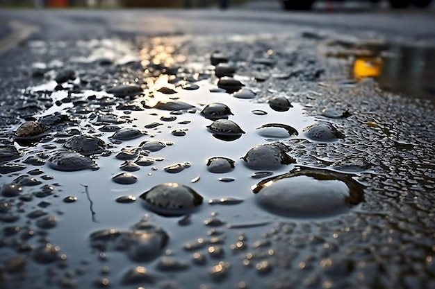 Photo photo en gros plan des gouttes de pluie sur une flaque d'eau