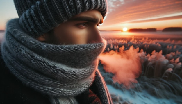 Photo photo en gros plan d'un homme emmitouflé dans une tenue d'hiver comprenant une épaisse écharpe et un chapeau exhalant une respiration visible dans le froid